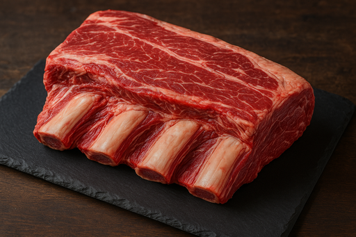 beef dino ribs, raw and whole slab, on slate cutting board