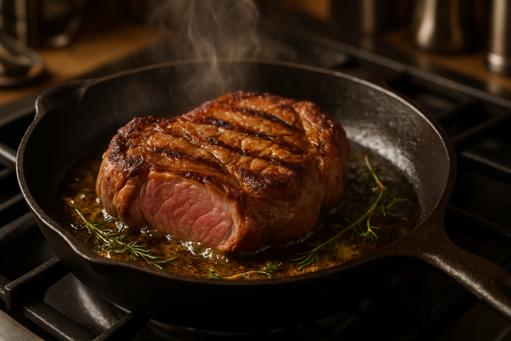 lamb leg steak being cooked