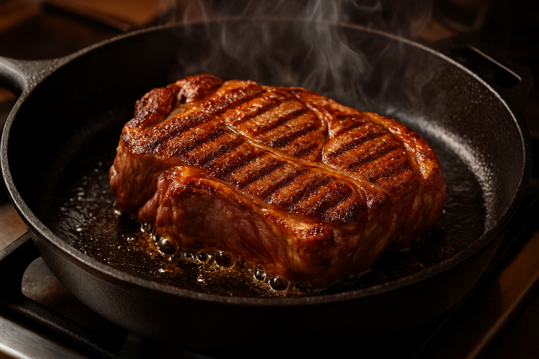 lamb shoulder steak being cooked in cast iron