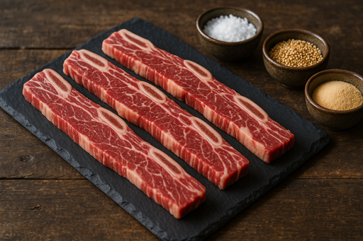 tablitas, thin cut korean style ribs, on a slate cutting board, raw, with salt and seasonings to the side